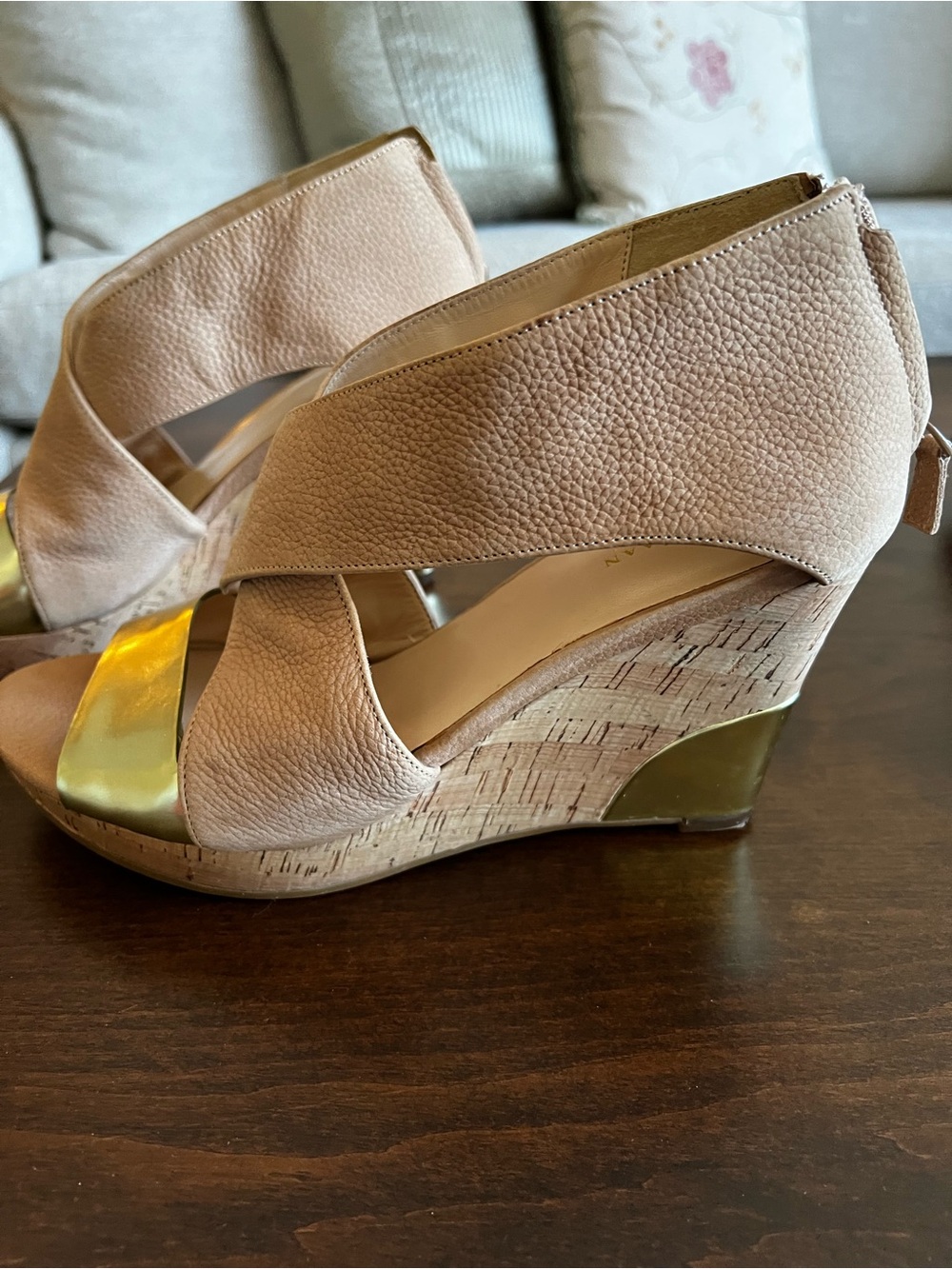 Cole Haan Neutral and Gold Leather Wedge Sandals